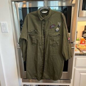 Zara Olive Green Denim Tunic dress, with multicolored patches. Size L